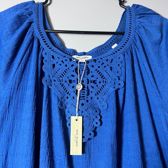 Max Studio 2X Cobalt Lace Yoke Peasant Top NWT Boho Short Sleeve Blouse Tunic - Picture 4 of 8